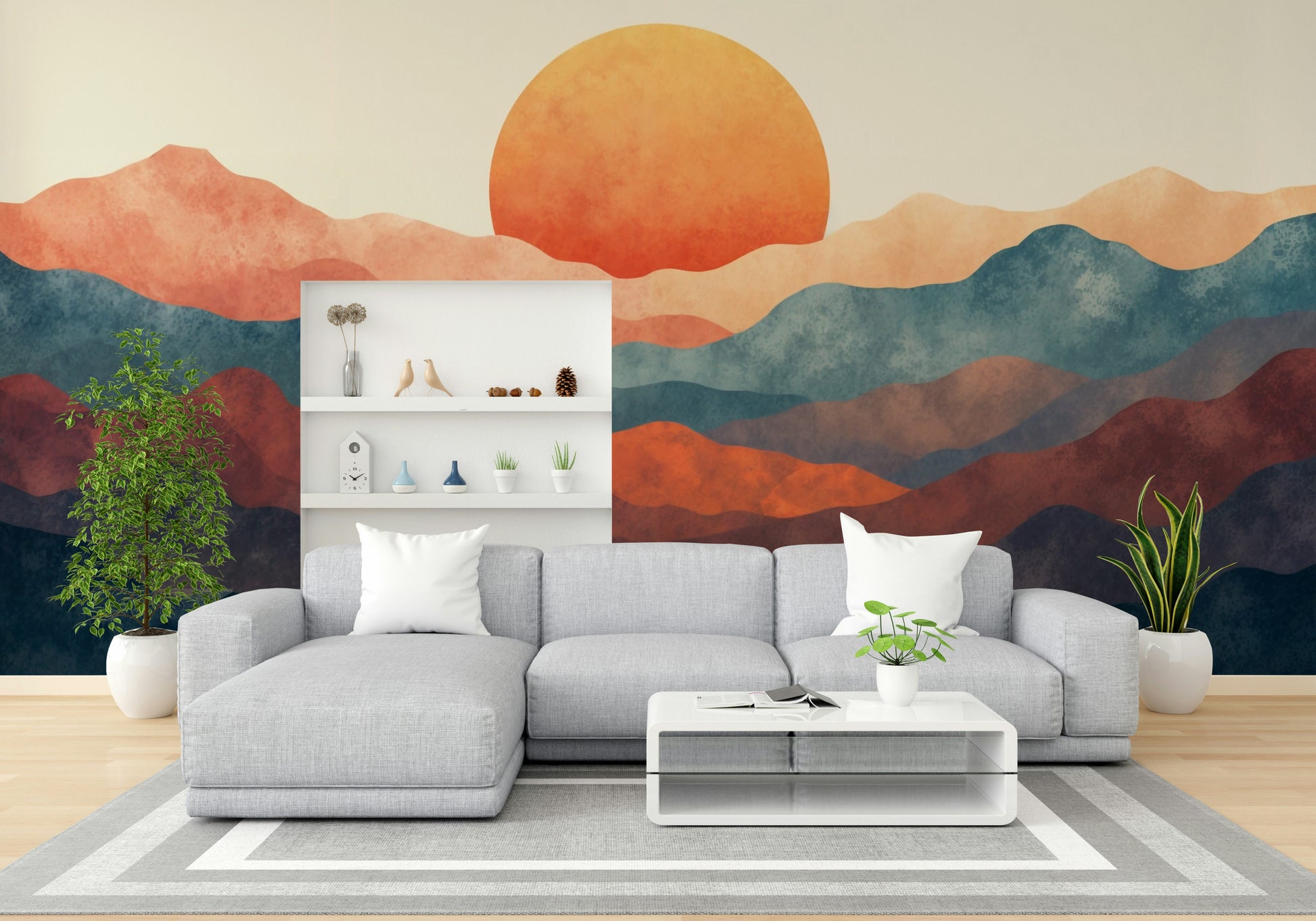 A living room featuring the horizon hues wall mural.