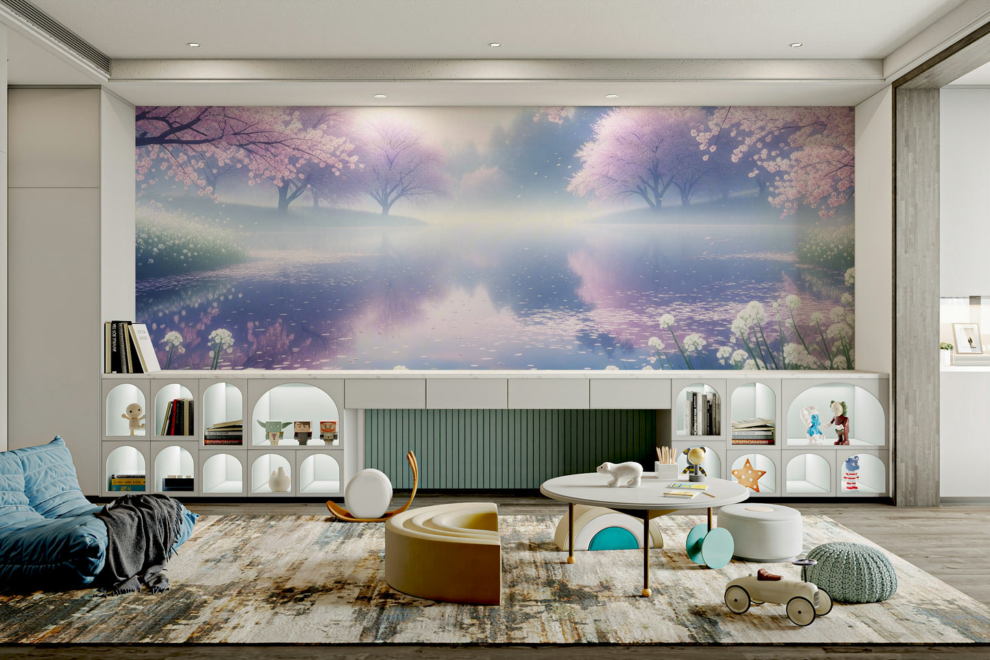 A minimalist interior with the cherry blossom-themed wallpaper.