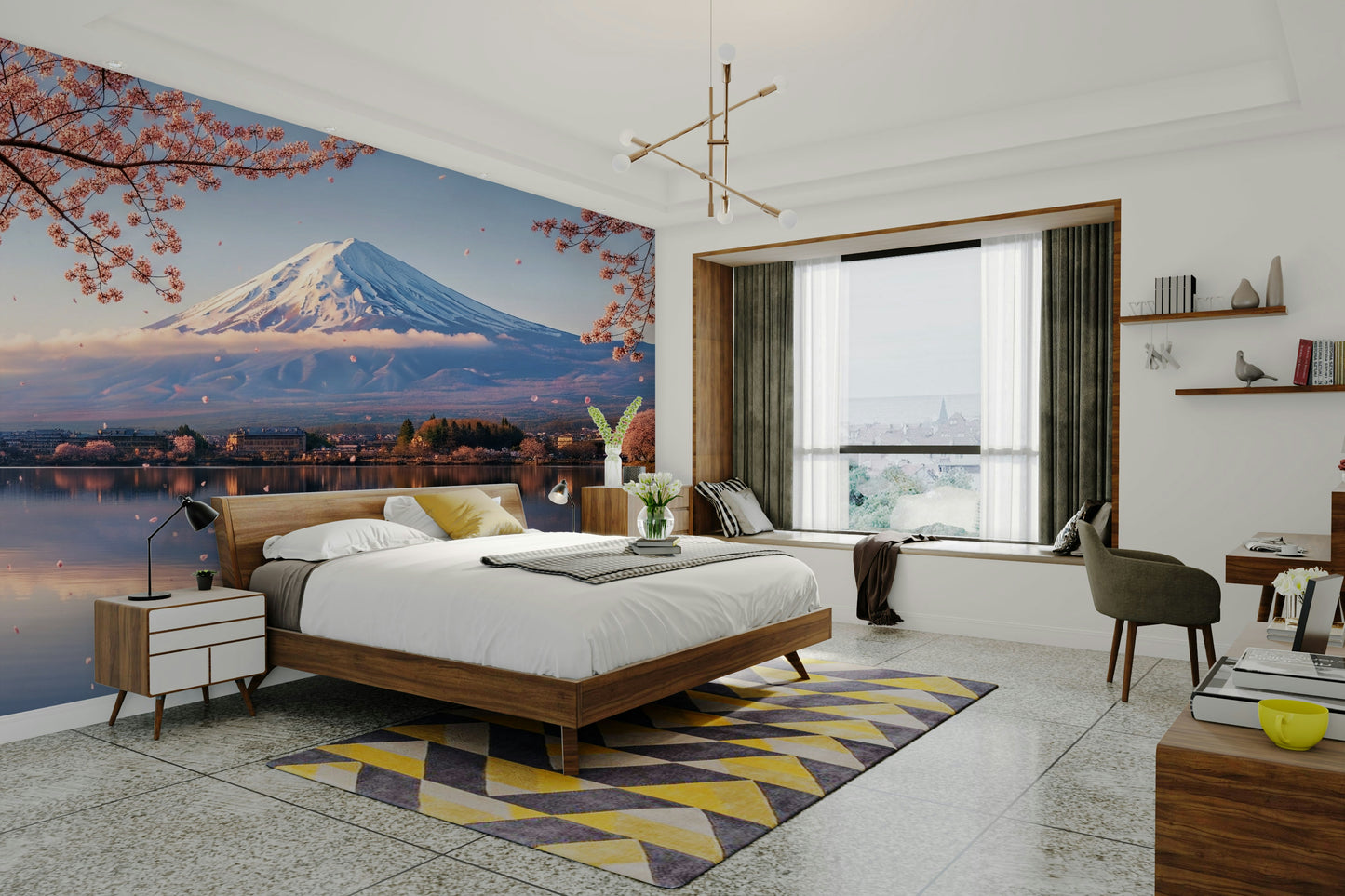A living room featuring the Fuji blossom wall mural.