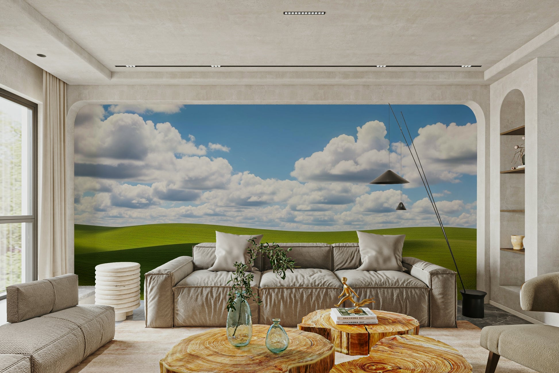 The wallpaper is used as a feature wall in a bedroom.