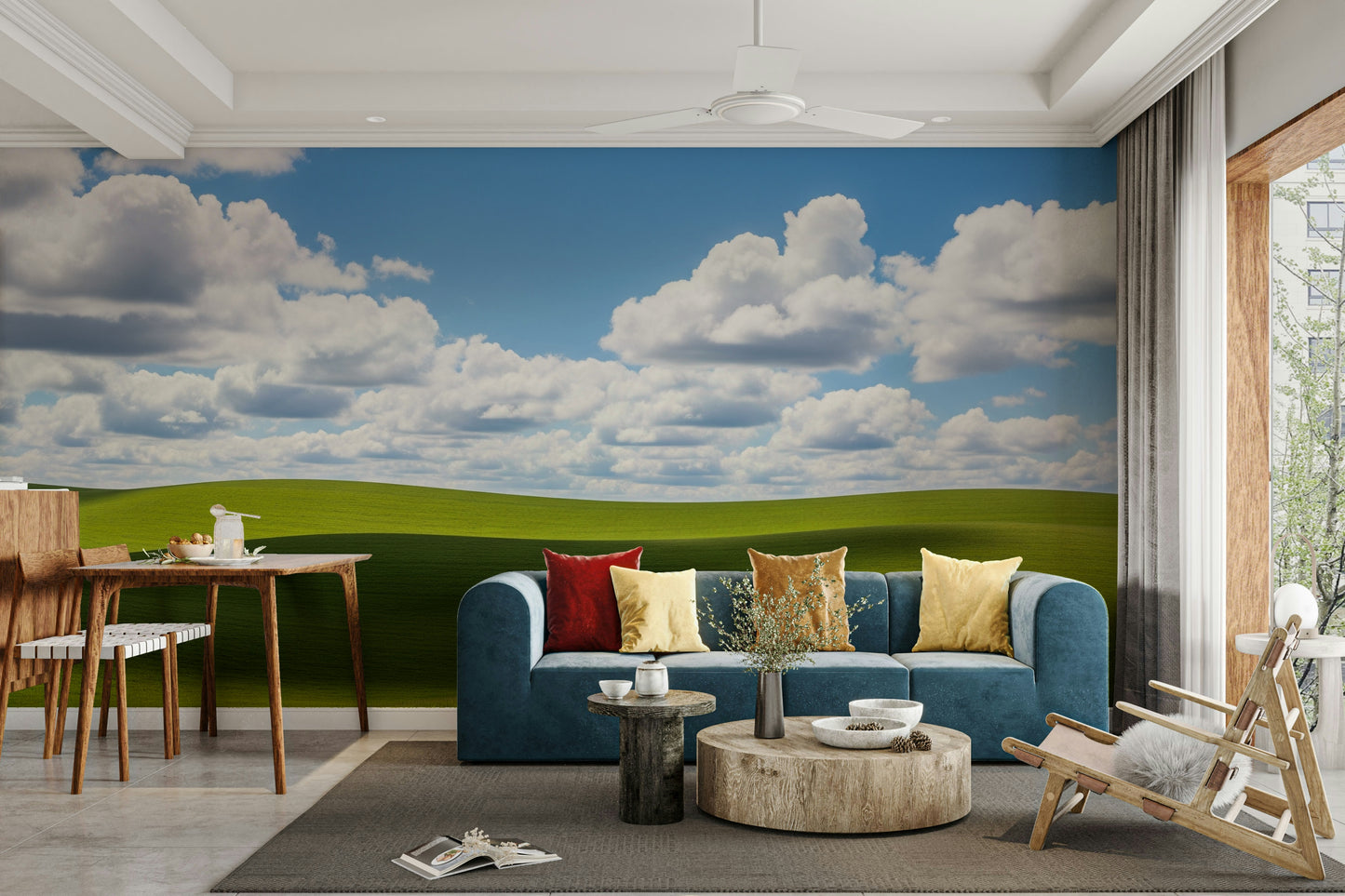 A living room featuring the green dreamscape wall mural.