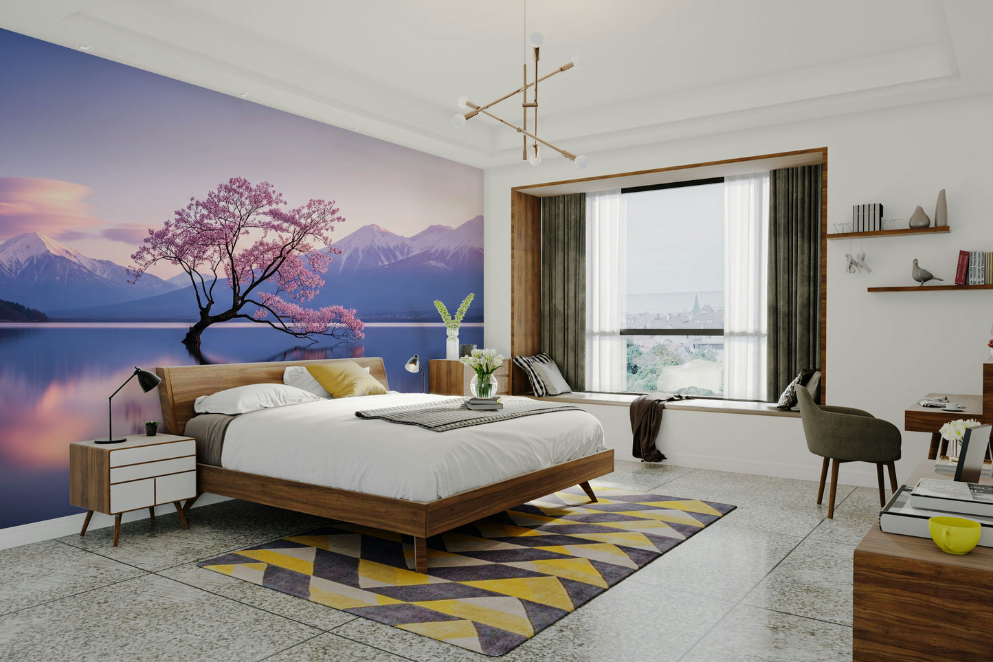 A detail shot of the elegant lines in the wallpaper.