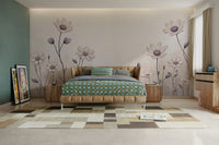 The wallpaper is used as a feature wall in a bedroom.
