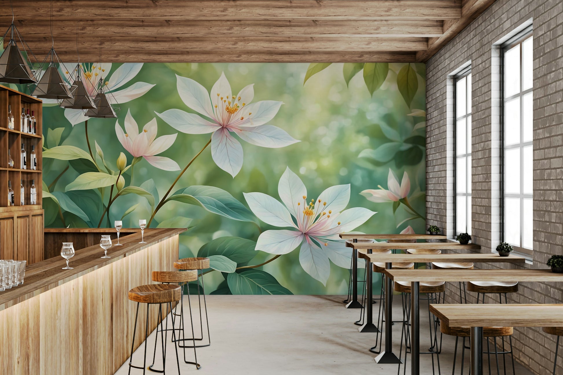 A high-angle view of the wall mural in a large space.