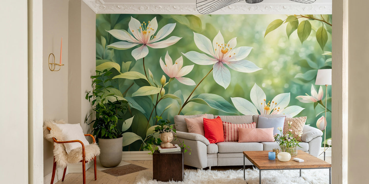 A beautiful, serene wall mural with delicate flowers.