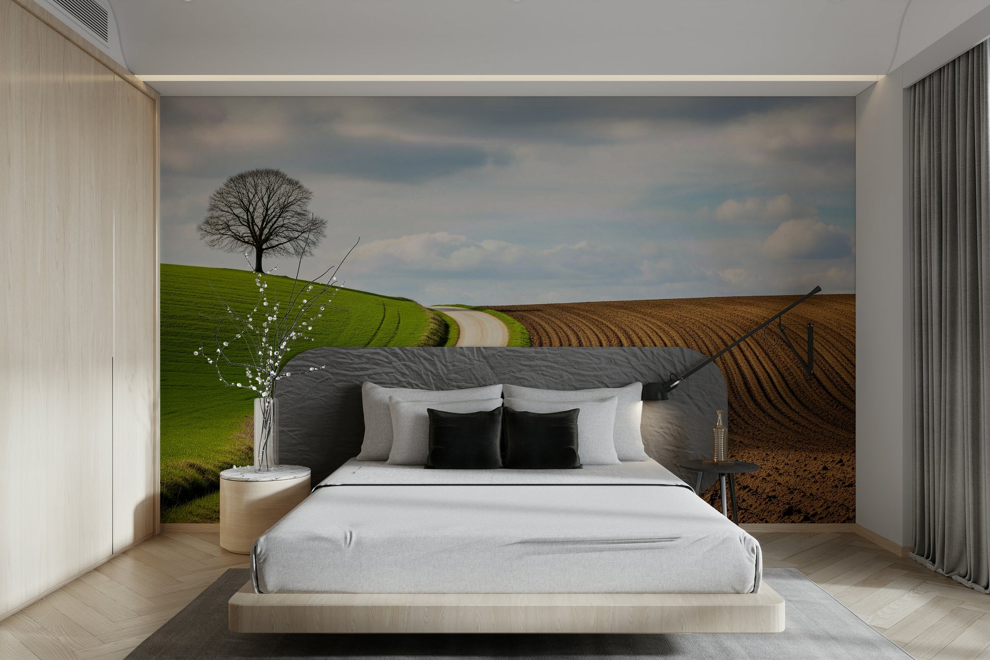 A living room featuring the rural curve wall mural.