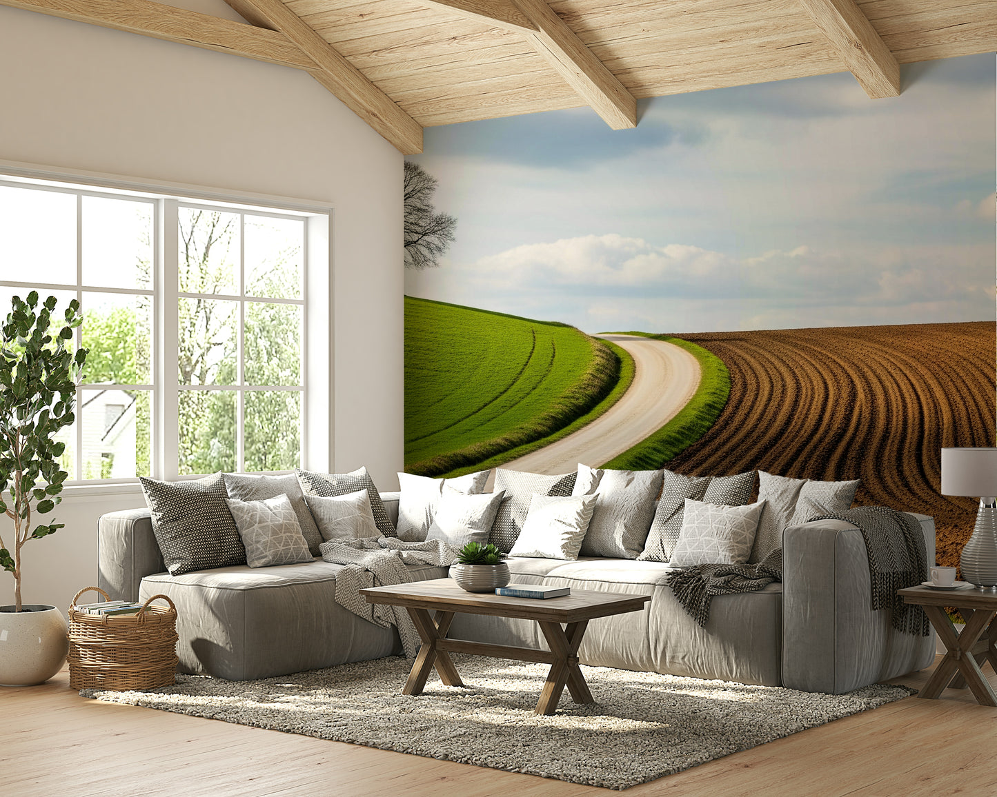 A minimalist interior with the scenic rural wallpaper.