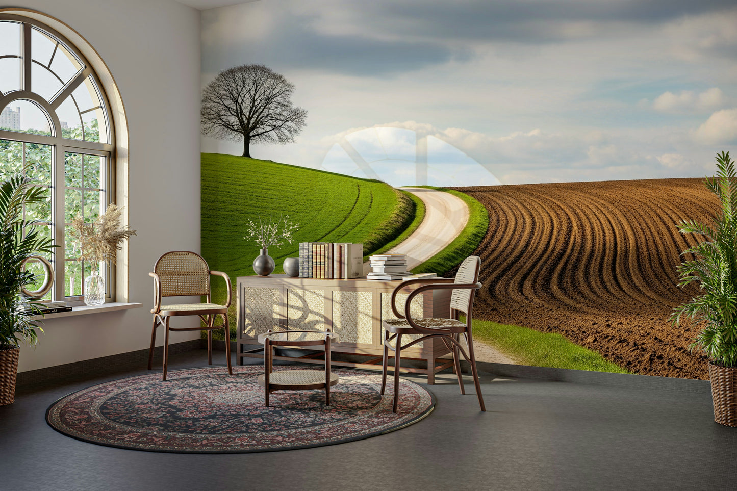 A high-angle view of the wall mural in a large space.