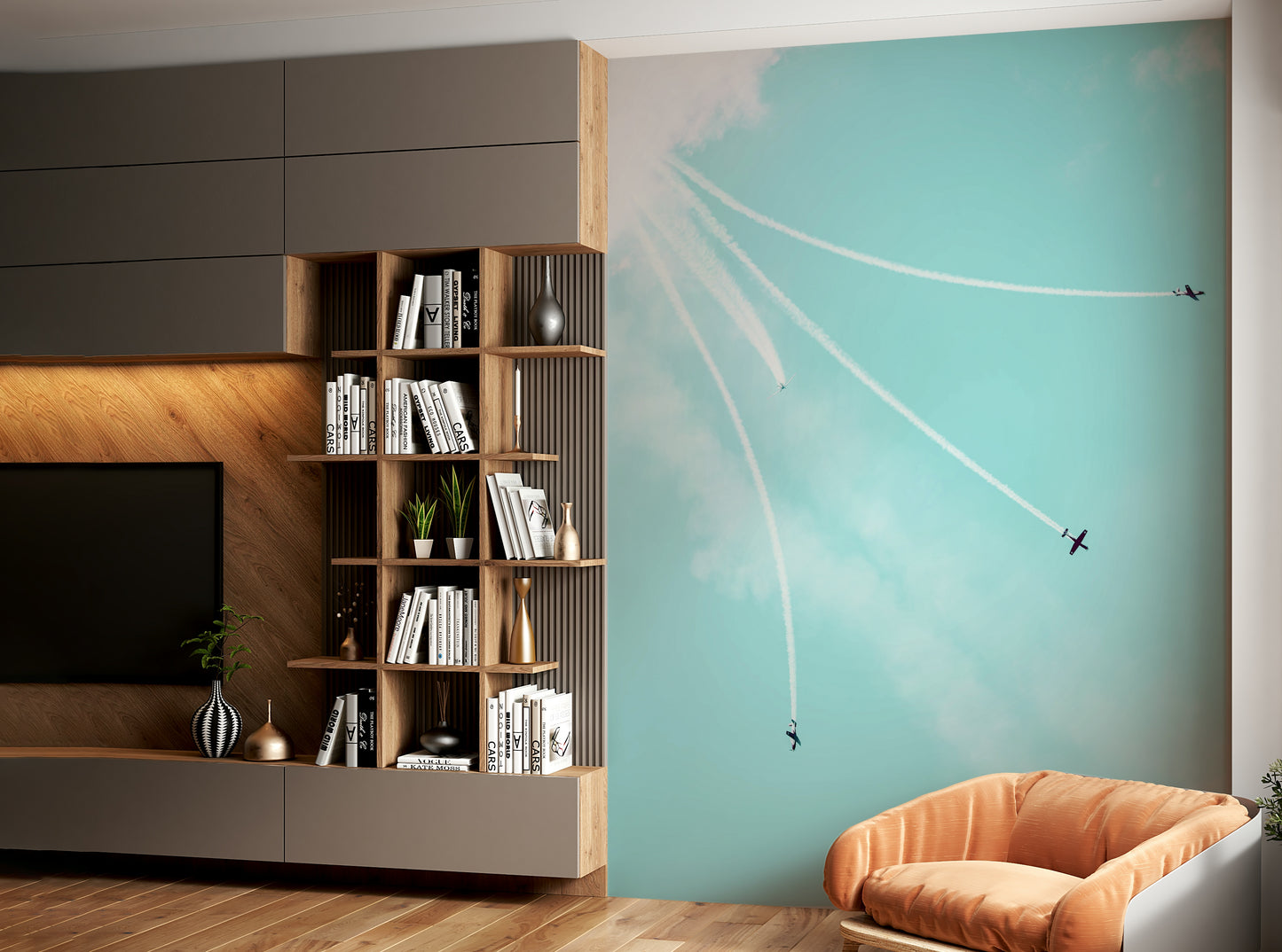 A living room featuring the vintage IAF wall mural.