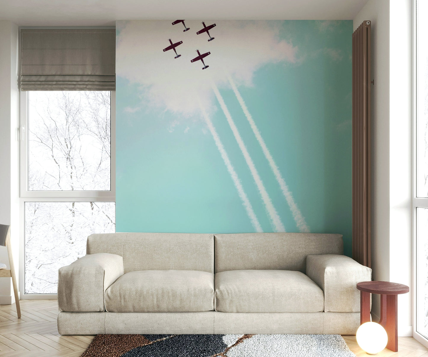 The peel and stick wallpaper showing realistic aviation textures.