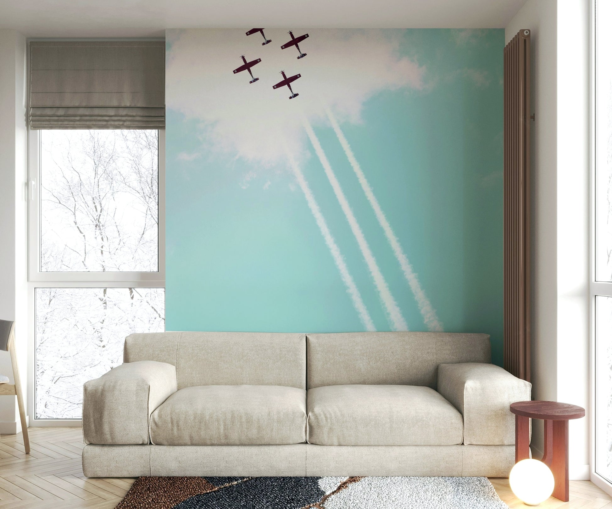 The peel and stick wallpaper showing realistic aviation textures.