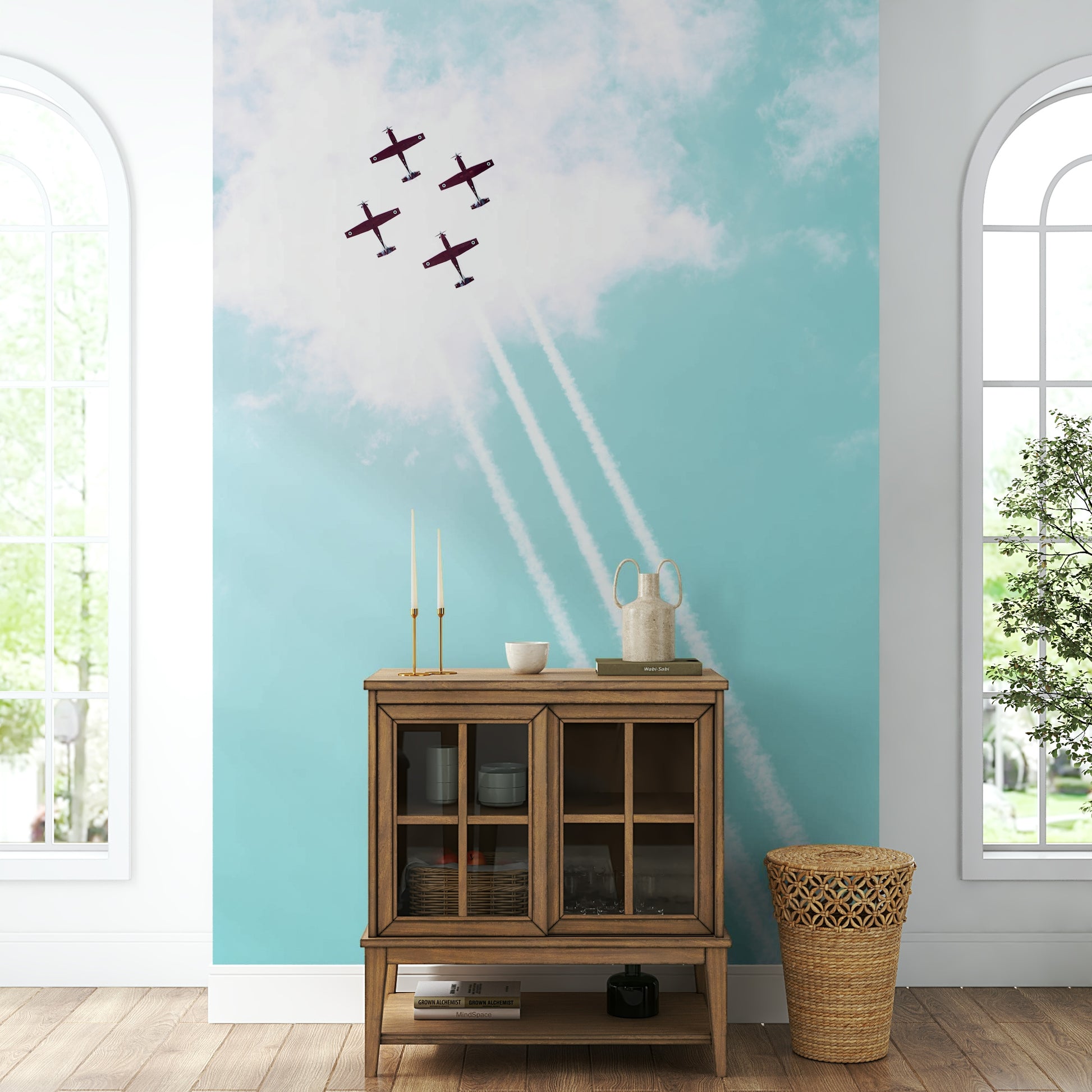 A living room featuring the vintage IAF wall mural.