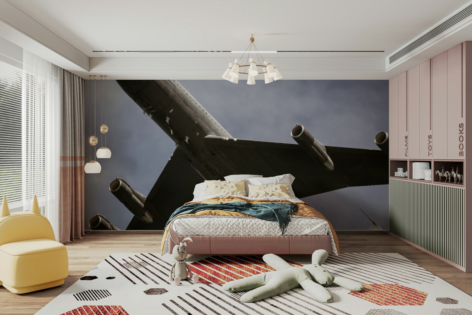 The peel and stick wallpaper showing realistic aviation textures.