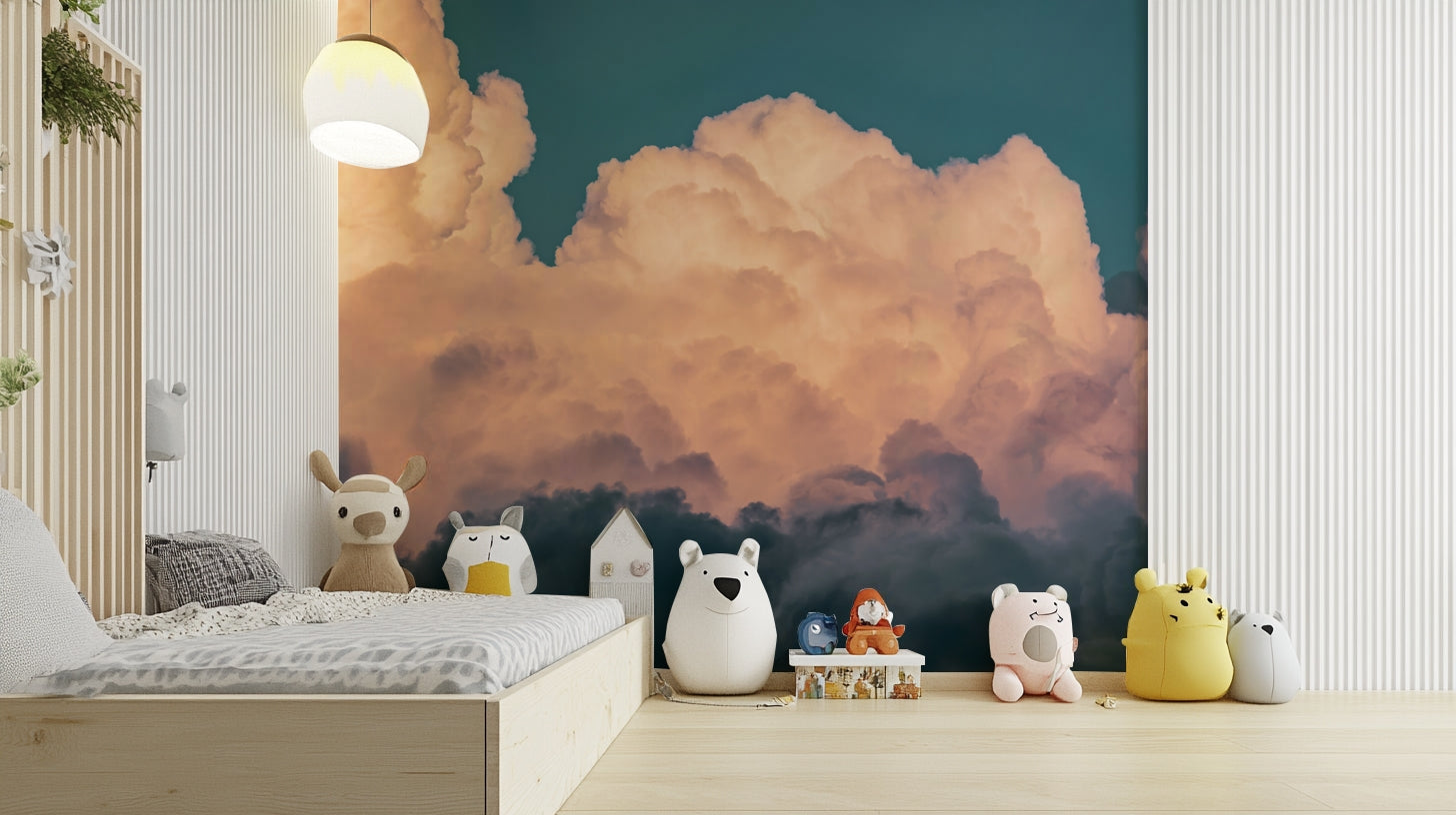 A minimalist interior with the cloud-themed wallpaper.