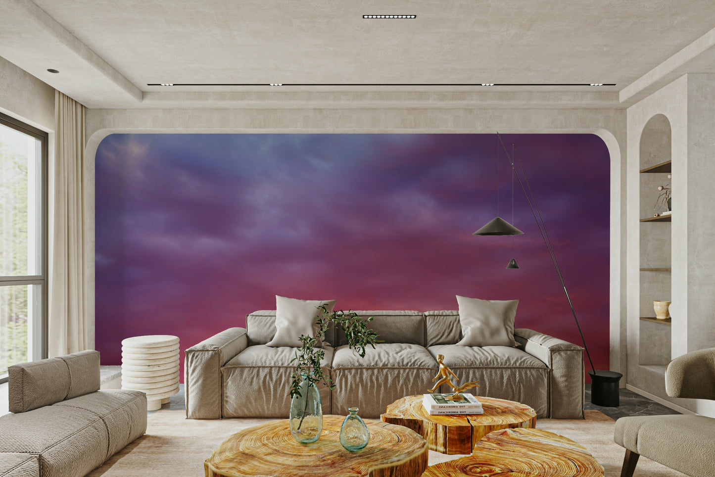 A minimalist interior with the sunset-themed wallpaper.