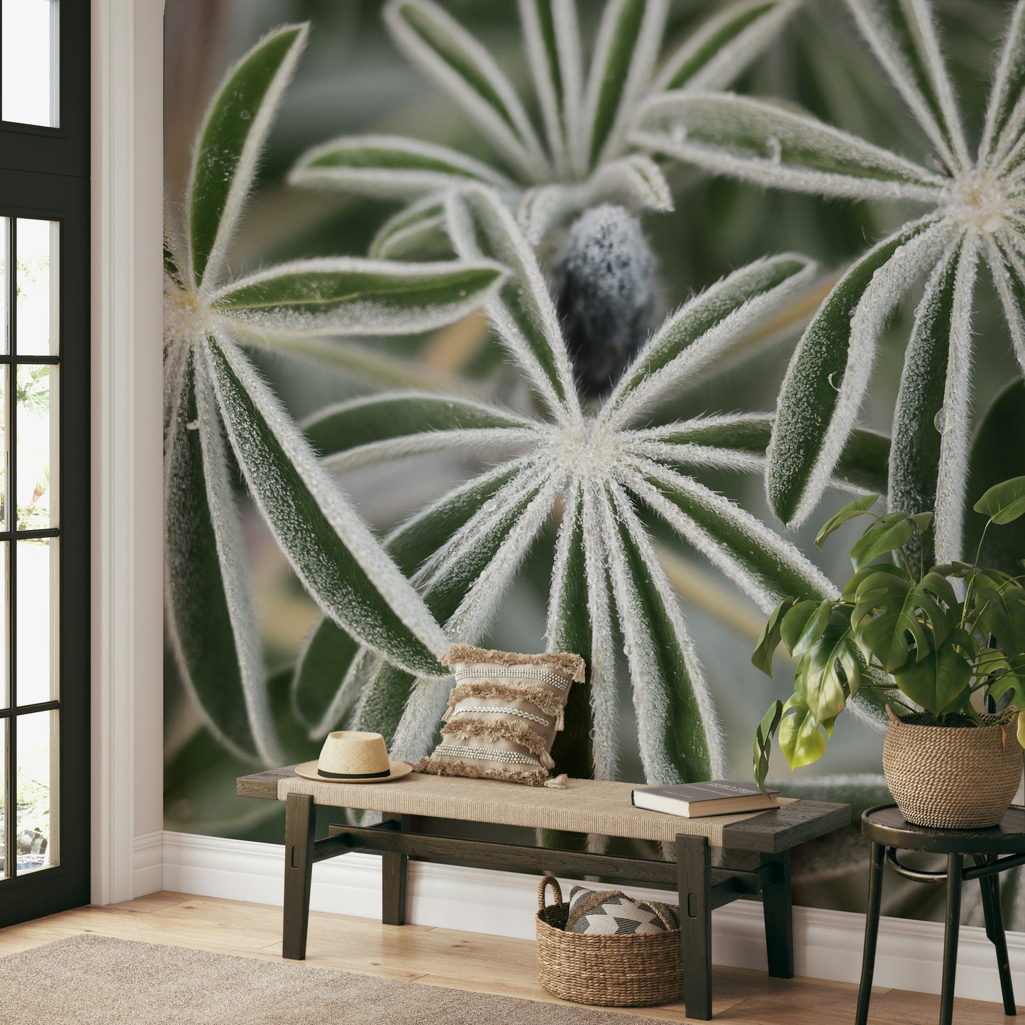 A detail shot of the elegant lines in the wallpaper.