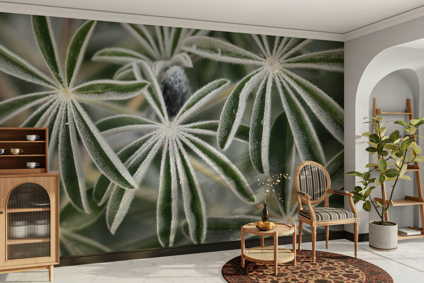 The wallpaper is used as a feature wall in a bedroom.