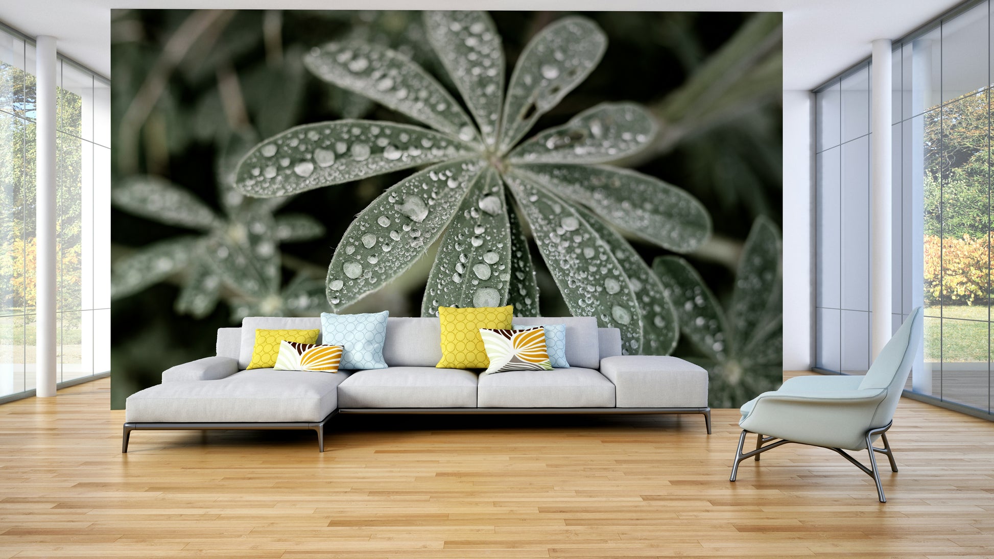 The wallpaper is used as a feature wall in a bedroom.