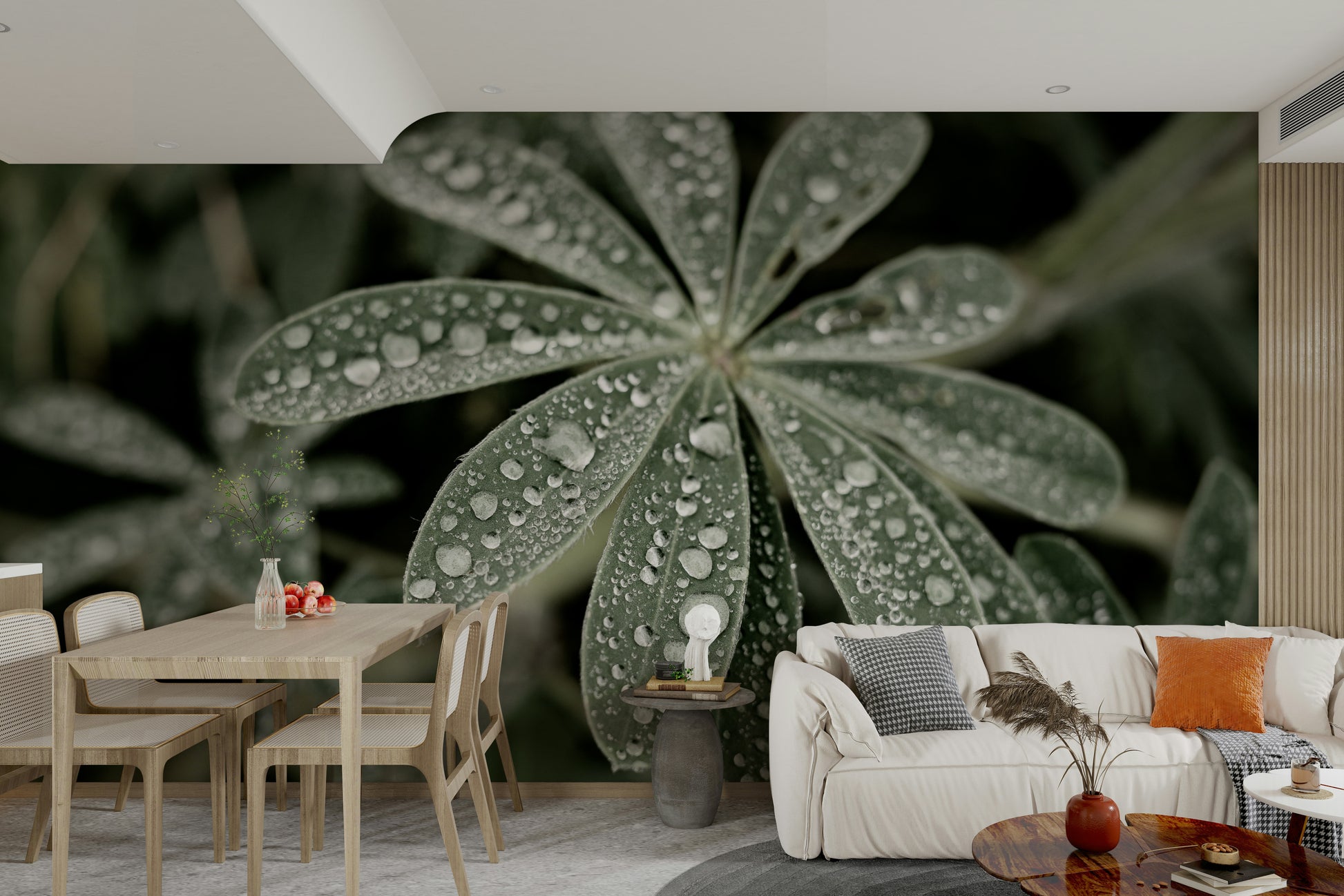 A minimalist interior with the lupine-themed wallpaper.