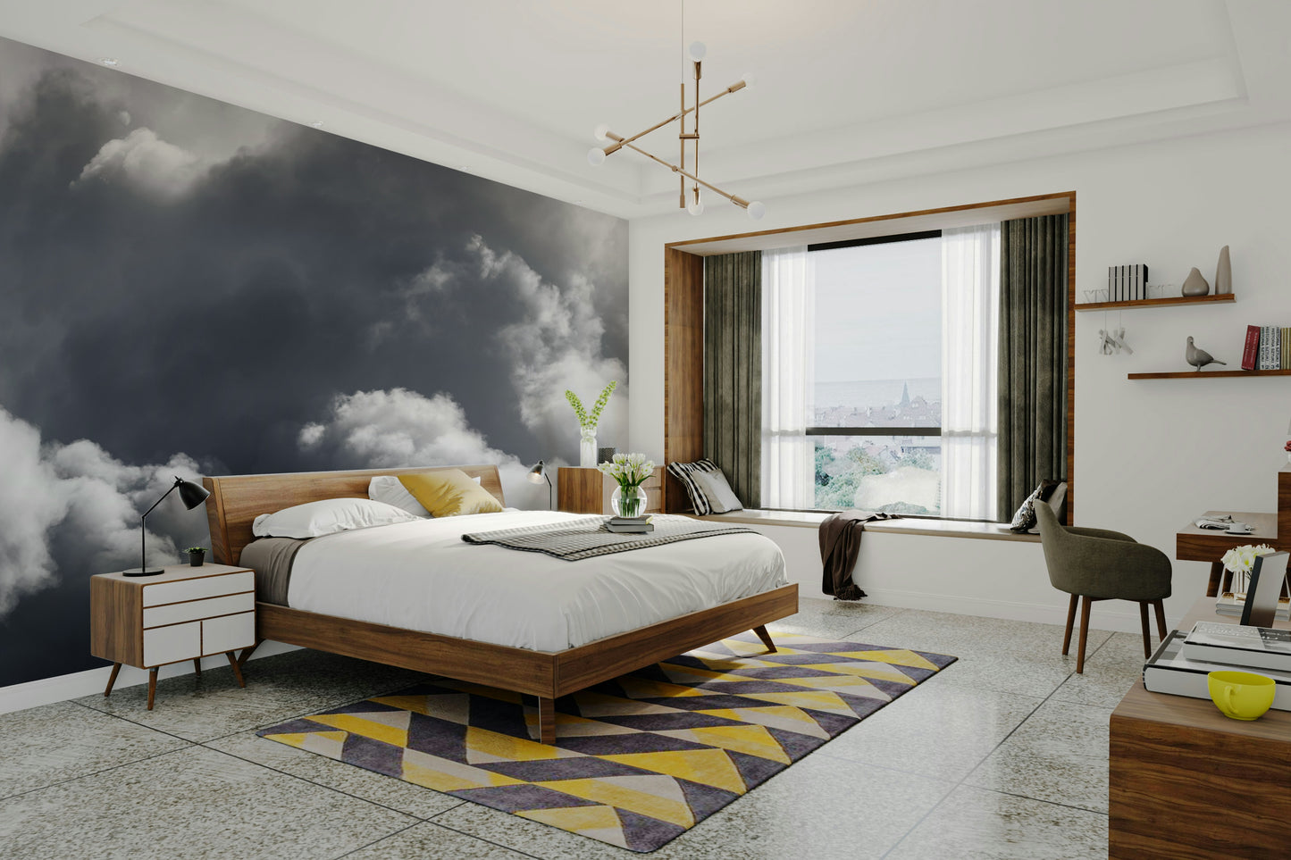A minimalist interior with the cloud-themed wallpaper.
