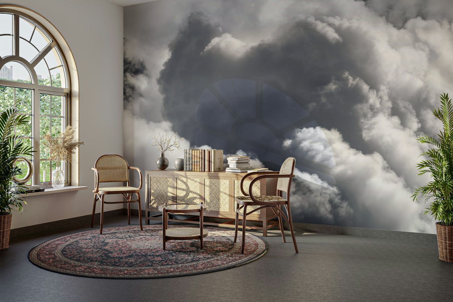 A living room featuring the cloud wall mural.