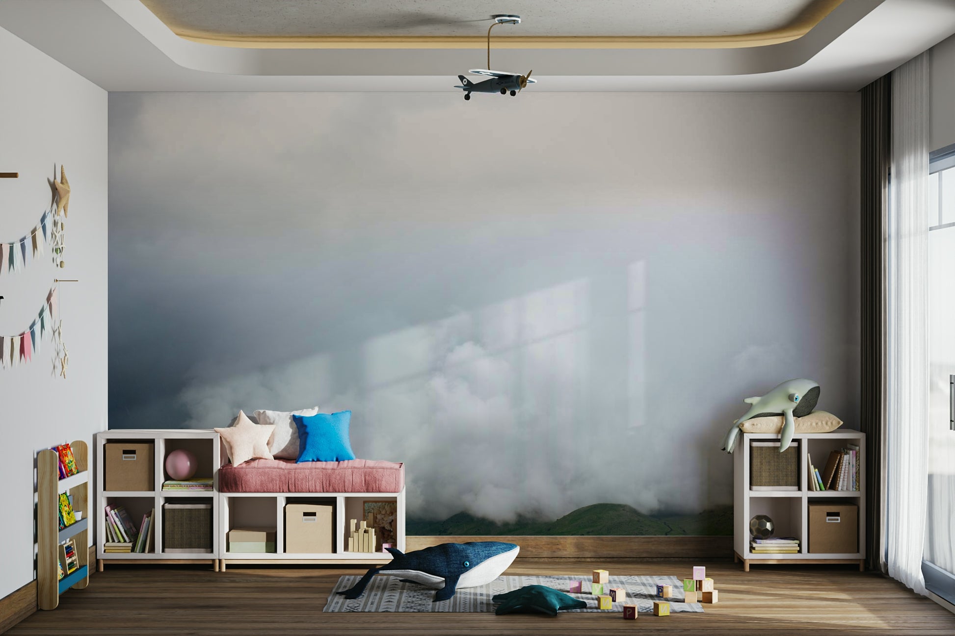 A high-angle view of the wall mural in a large space.