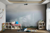 A high-angle view of the wall mural in a large space.