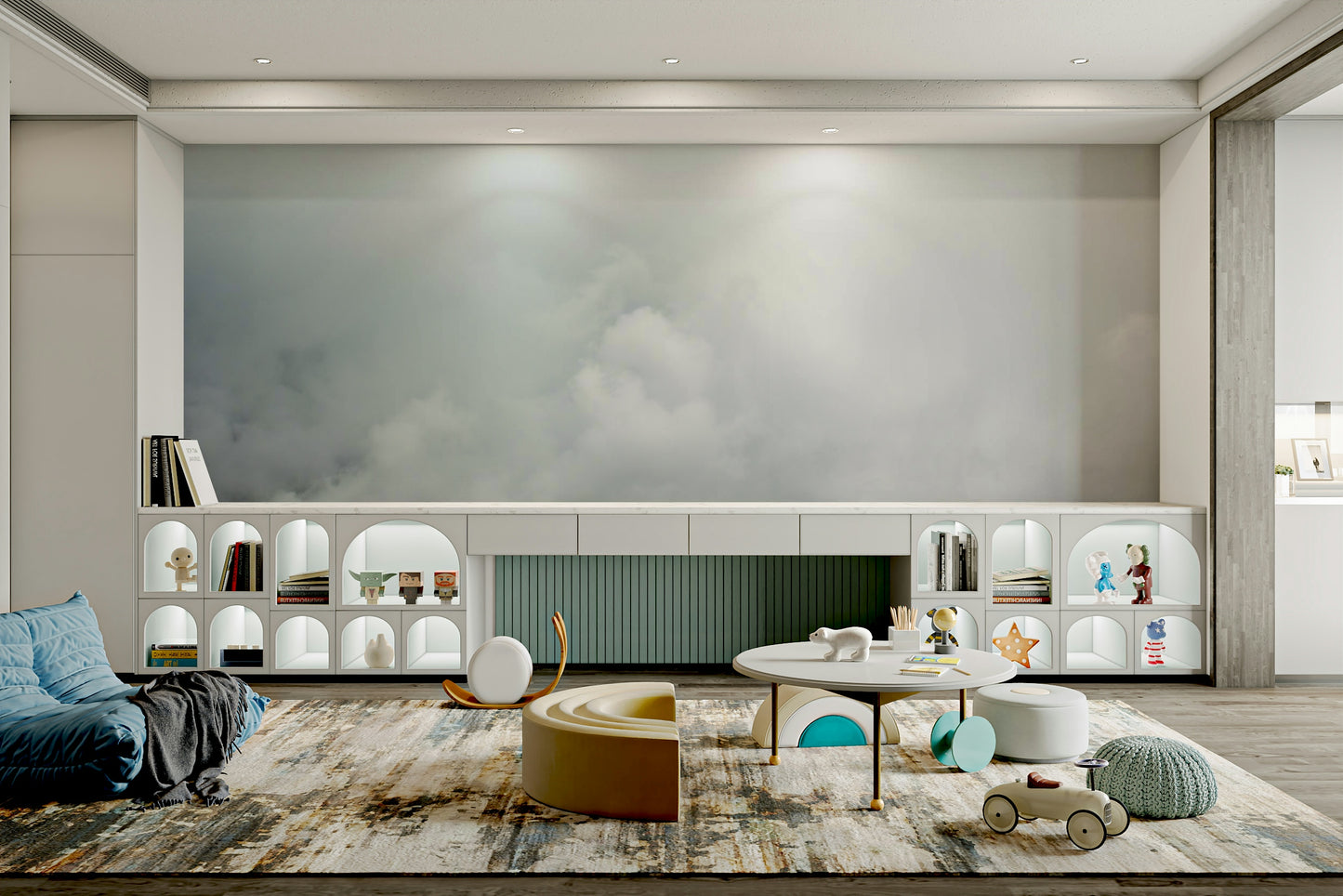 A living room featuring the scenic Hula Valley wall mural.