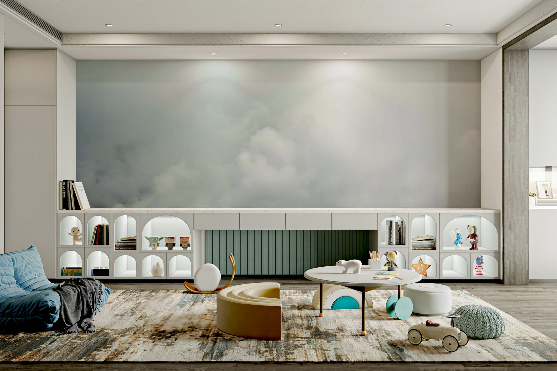 A living room featuring the scenic Hula Valley wall mural.