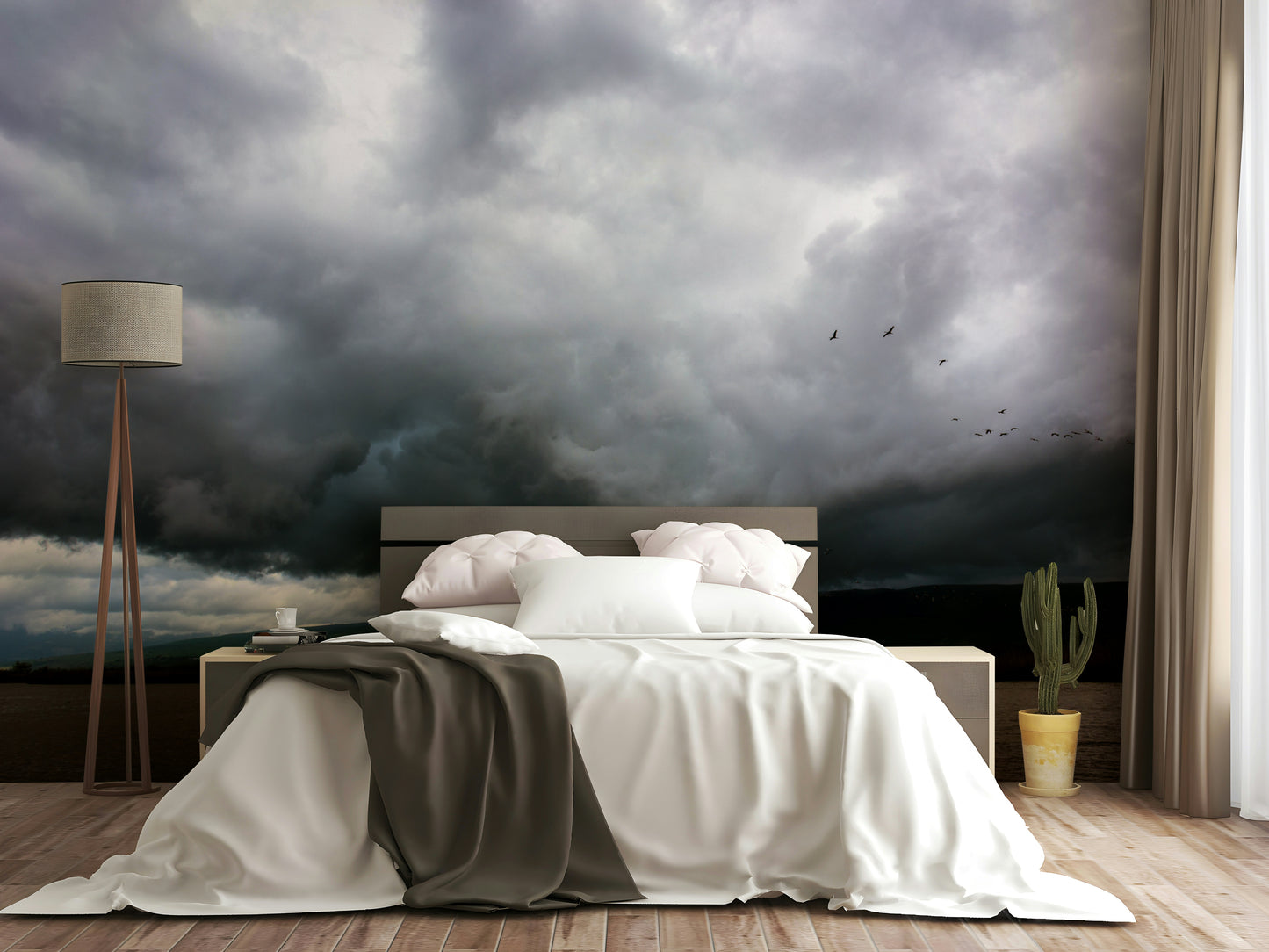 An artistic valley scene mural on minimalist wallpaper.

