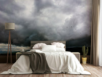 An artistic valley scene mural on minimalist wallpaper.

