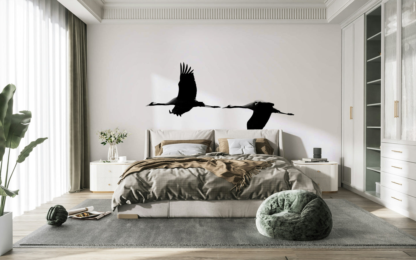A graceful subtle bird wall mural in cool, natural tones.

