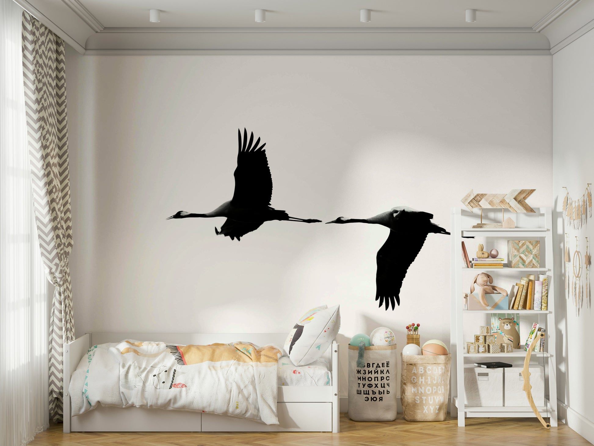 A peaceful natural theme mural on decorative wallpaper.

