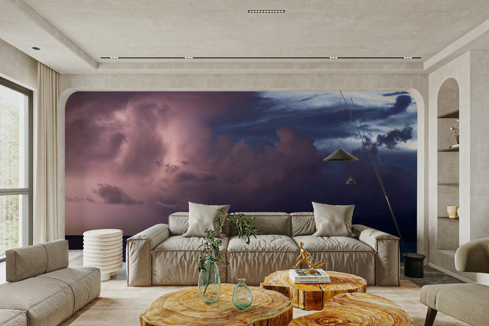 An artistic seaside view mural on minimalist wallpaper.

