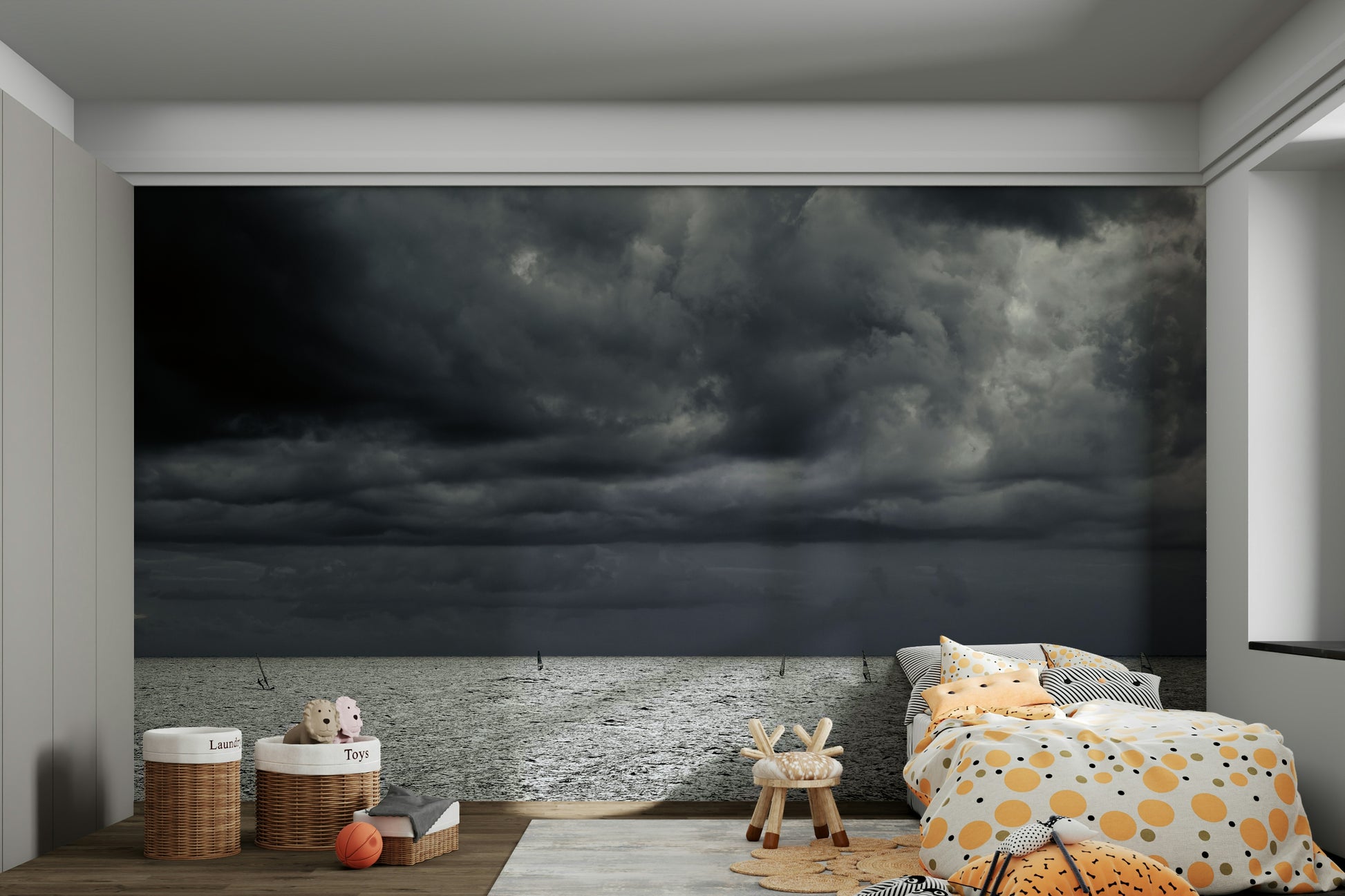 A graceful wave motion wall mural in cool, natural tones.

