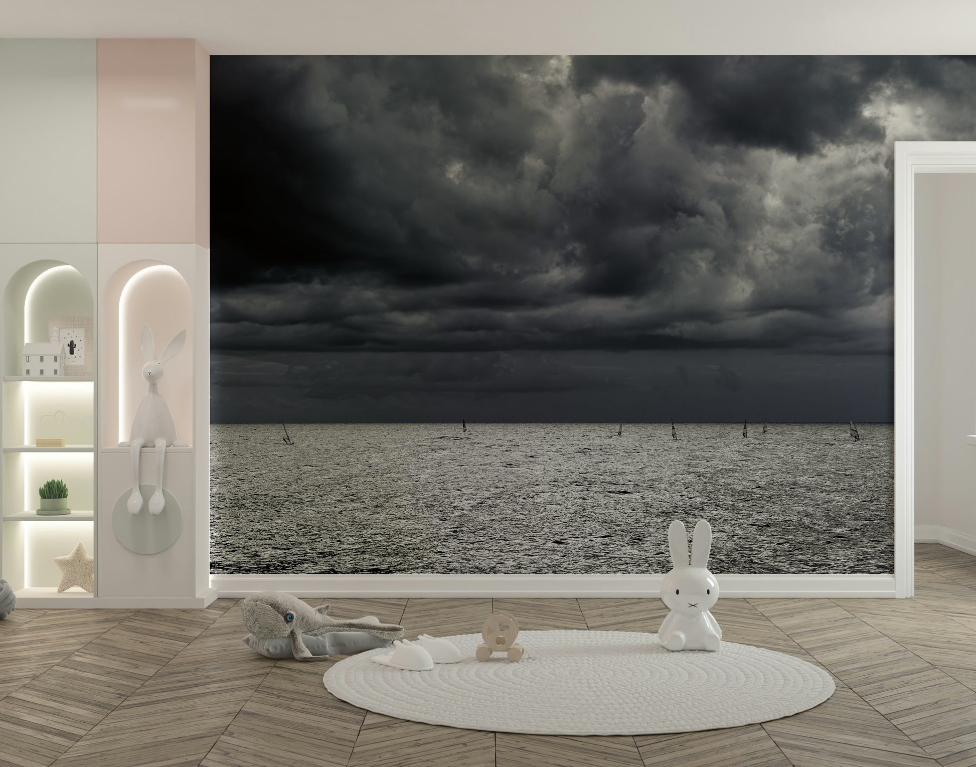 An artistic seaside view mural on minimalist wallpaper.

