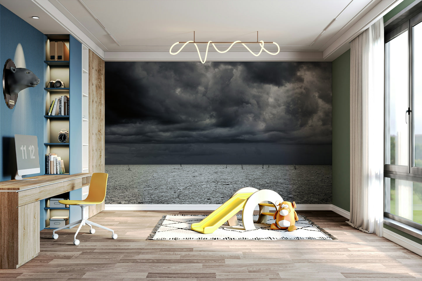 An artistic coastal landscape mural for home decor.

