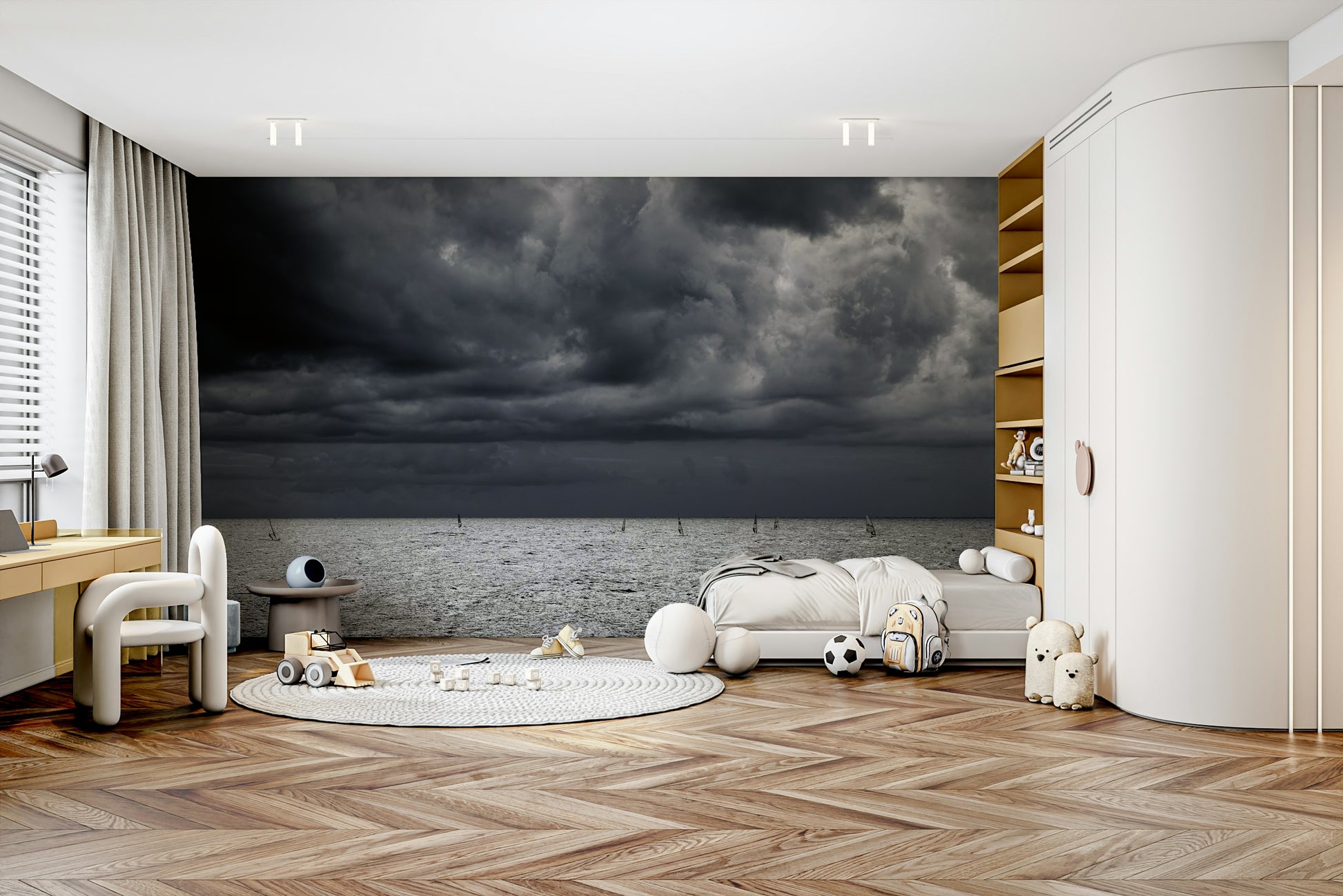 A tranquil ocean scene wall mural for nautical decor.

