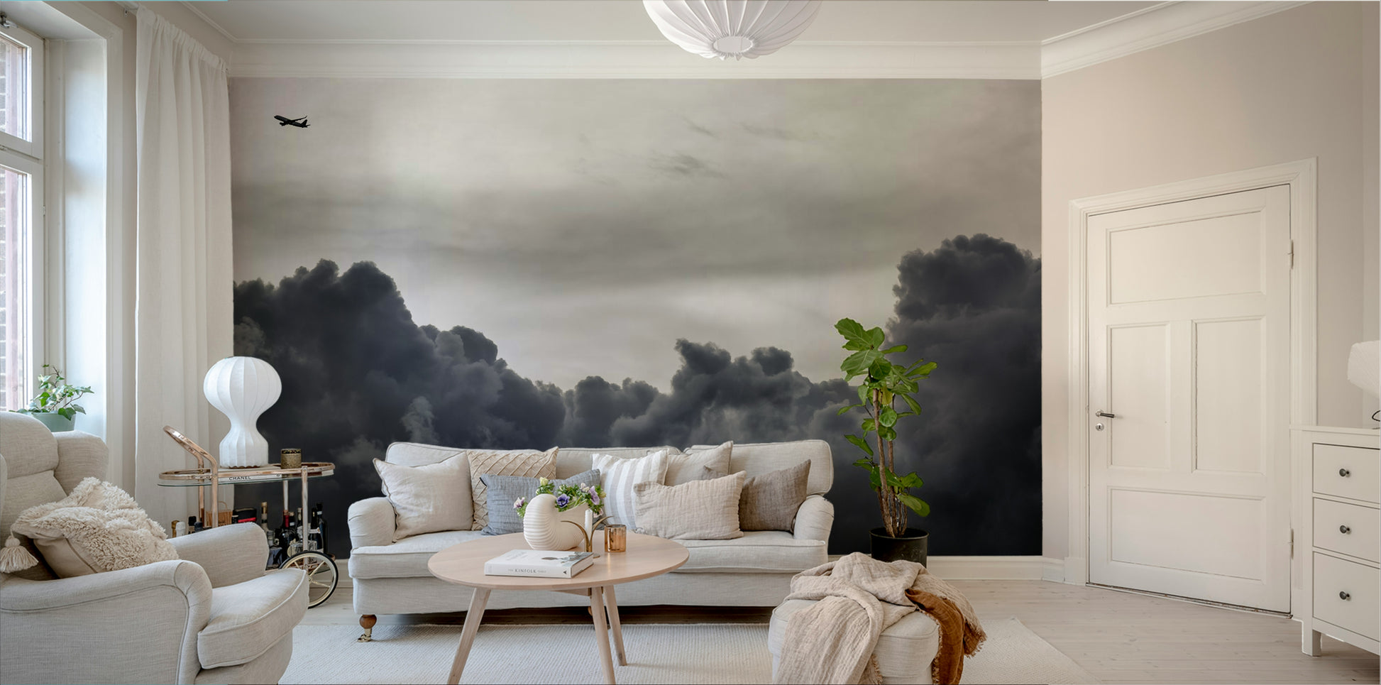 A calming storm clearing wallpaper mural that defines a space.

