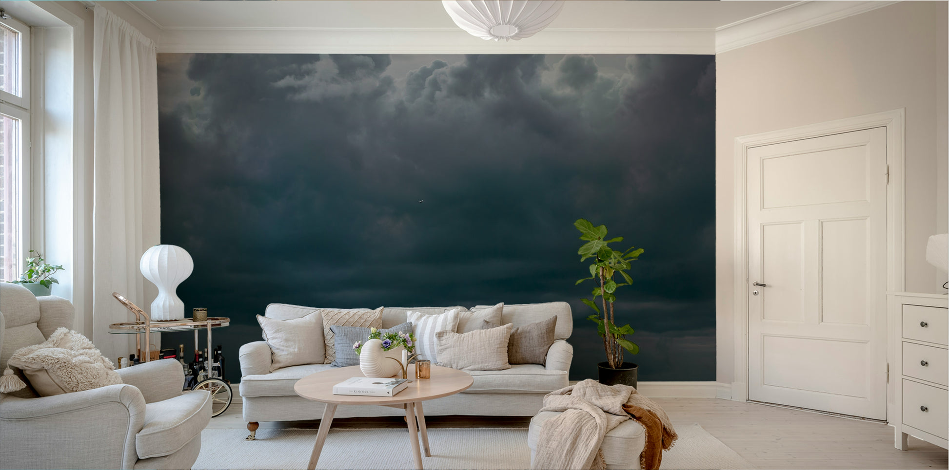 A peaceful seaside view mural on decorative wallpaper.

