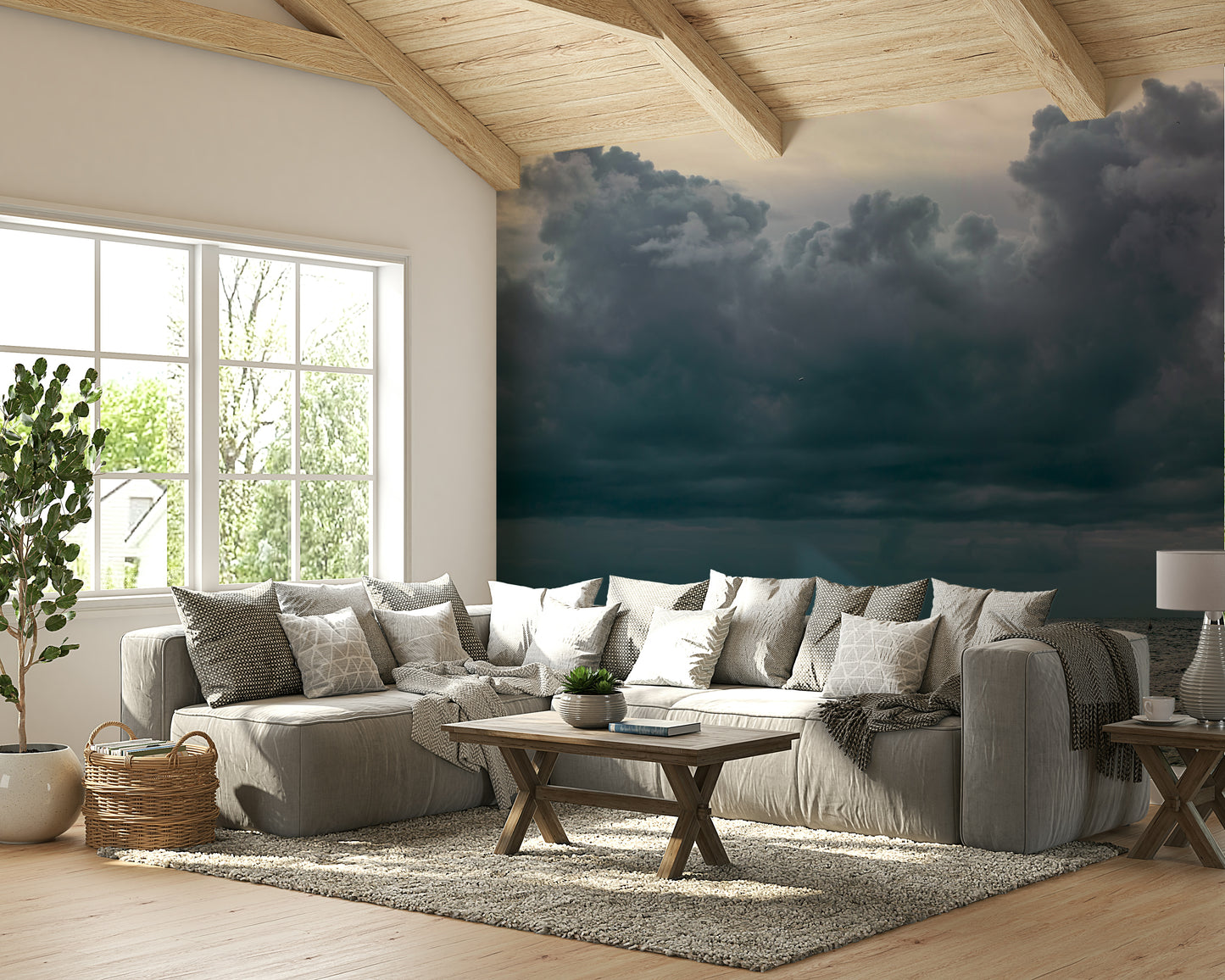 An artistic coastal landscape mural for home decor.

