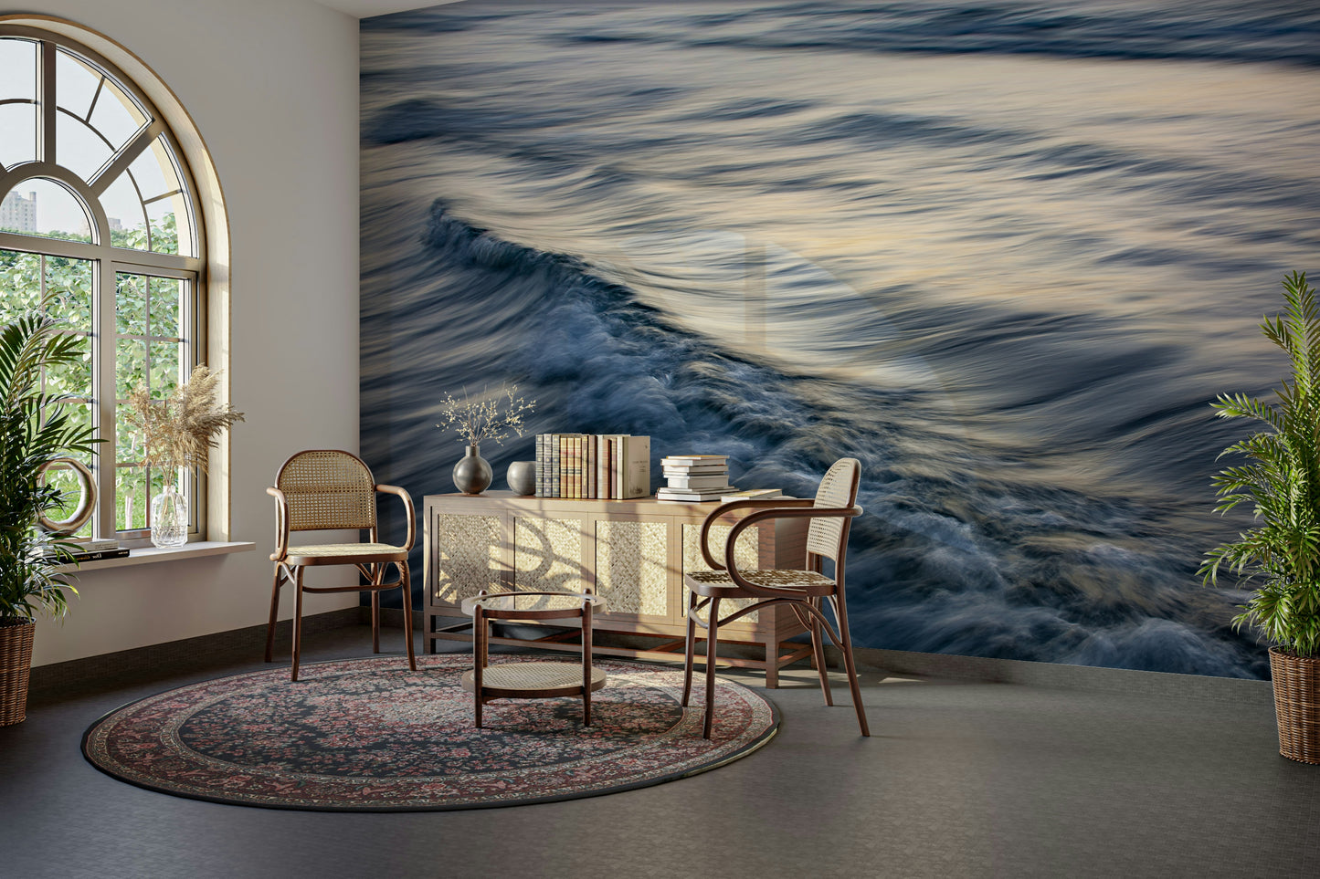A beautiful abstract ocean wall mural for a living room.

