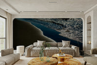 A peaceful seaside view mural on decorative wallpaper.

