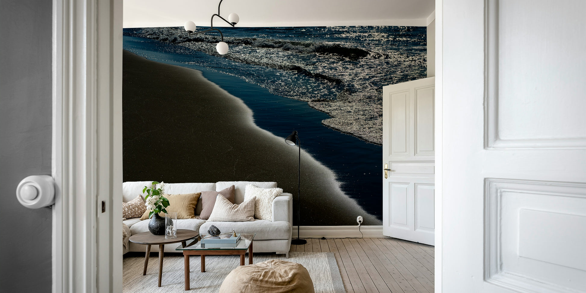 An artistic coastal landscape mural for home decor.

