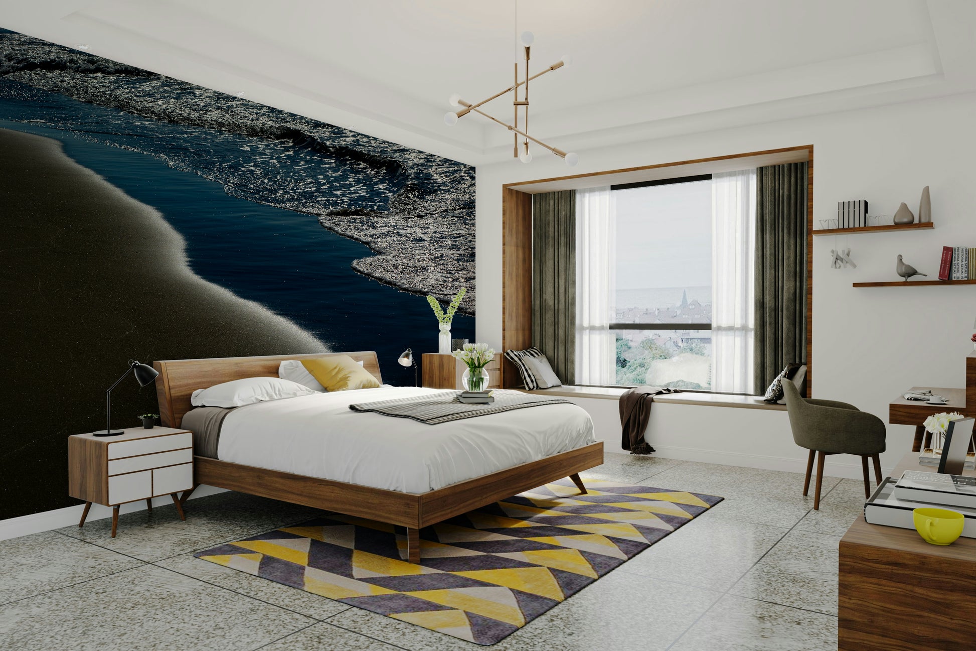 An artistic seaside view mural on minimalist wallpaper.

