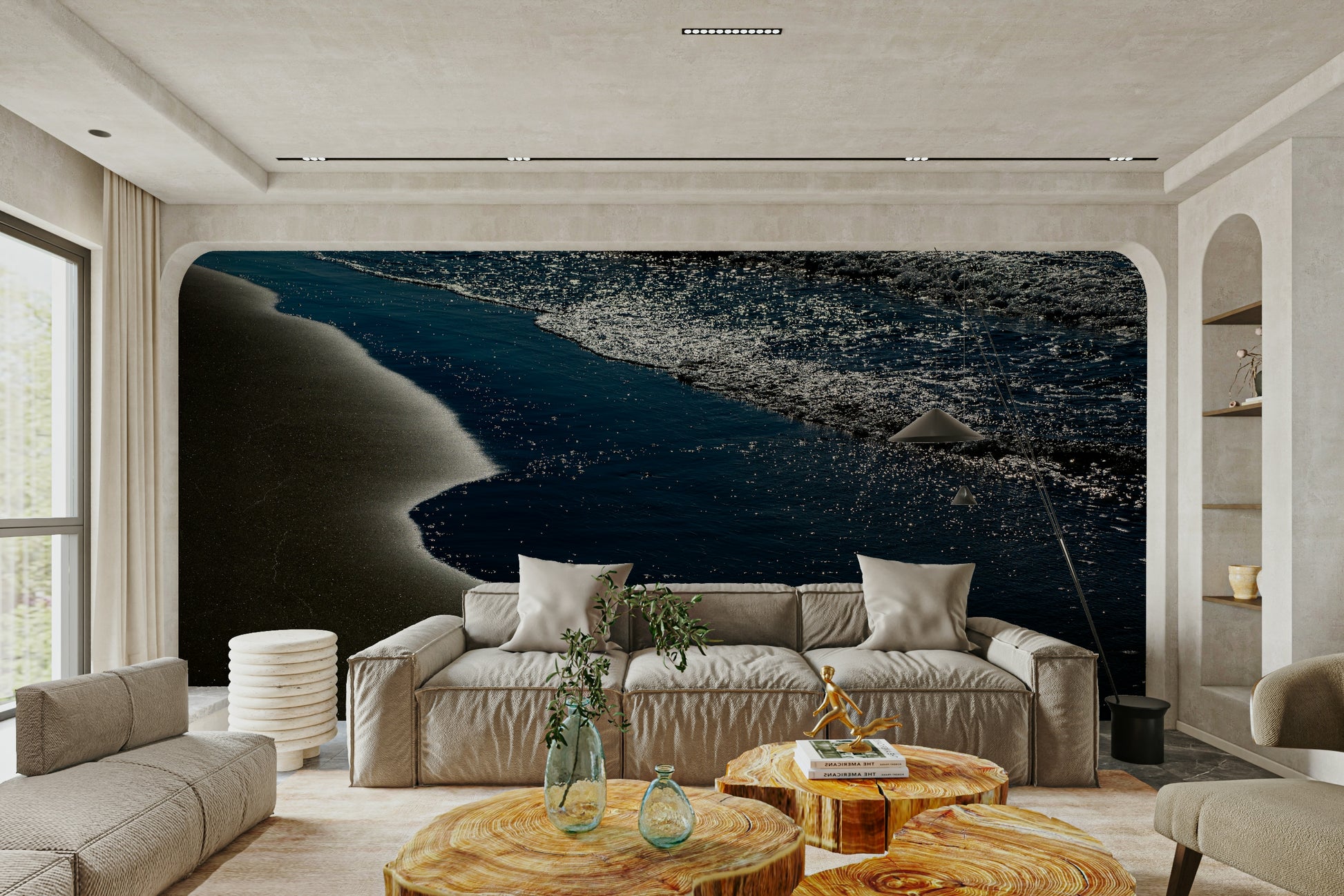 An artistic coastal landscape mural for home decor.

