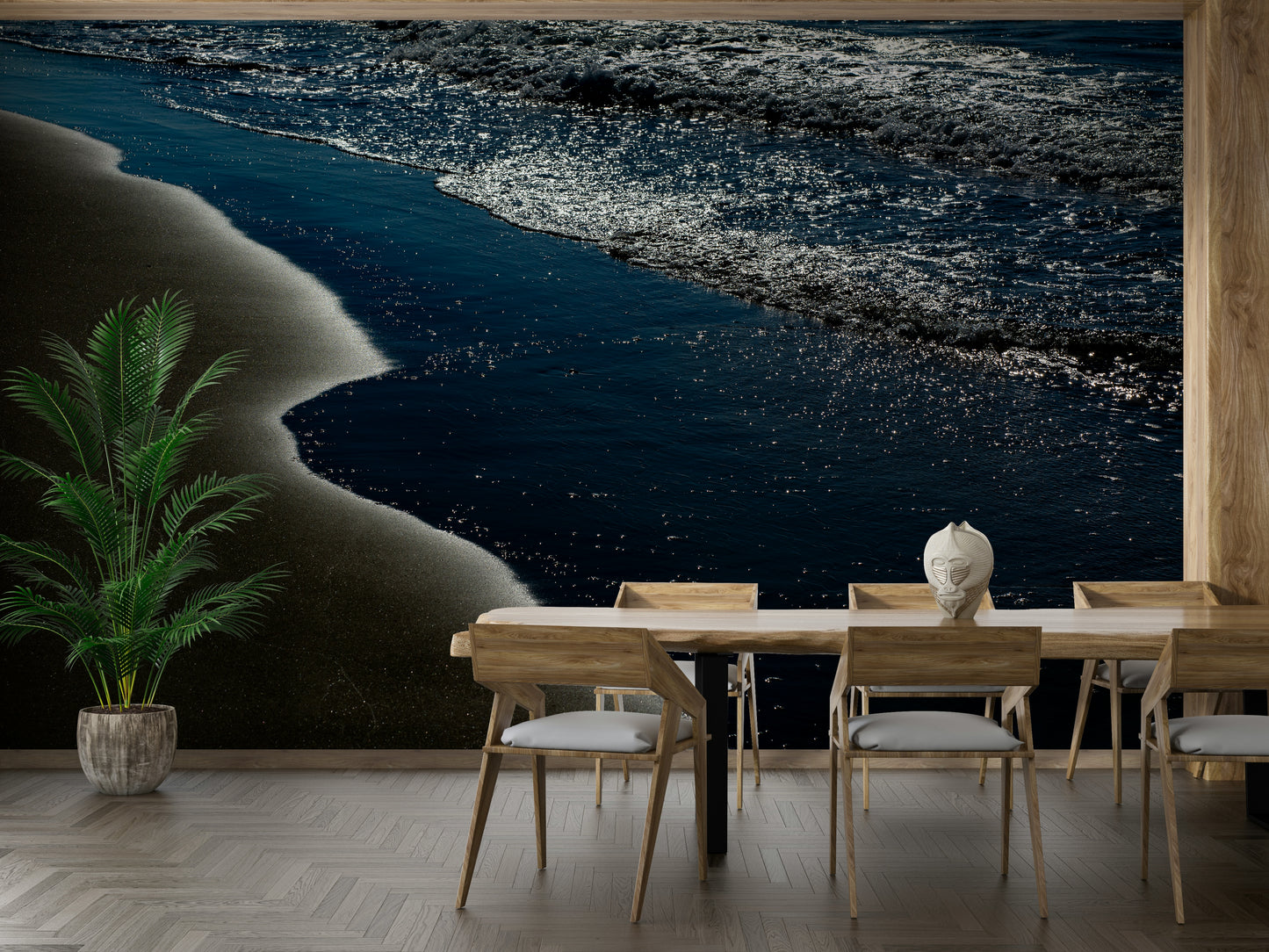 A graceful wave motion wall mural in cool, natural tones.

