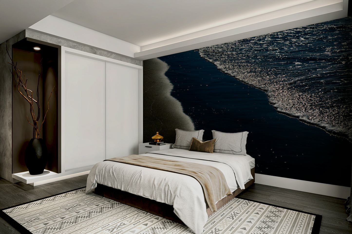 A peaceful seaside view mural on decorative wallpaper.

