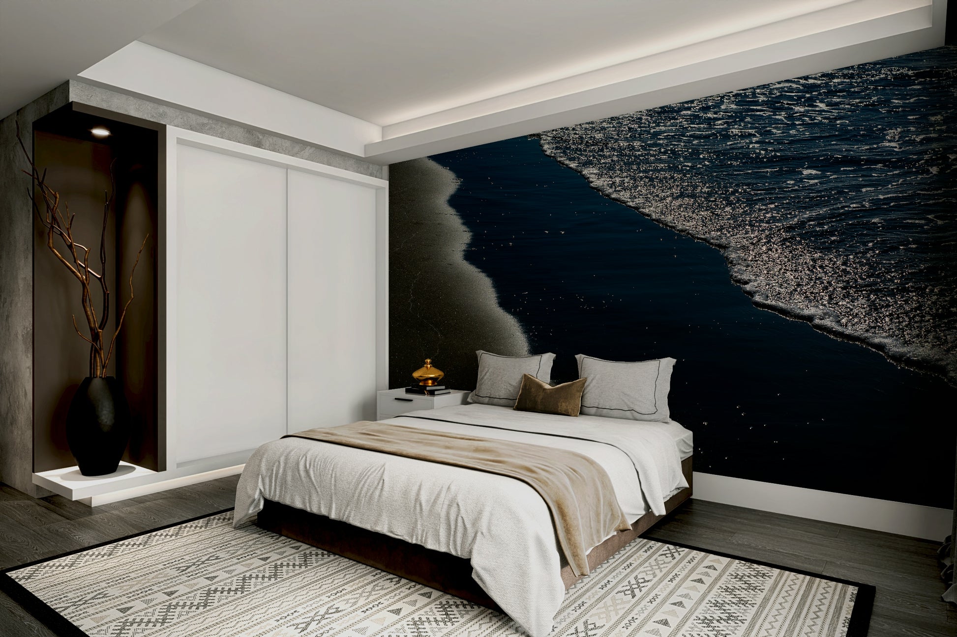A peaceful seaside view mural on decorative wallpaper.

