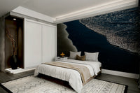 A peaceful seaside view mural on decorative wallpaper.

